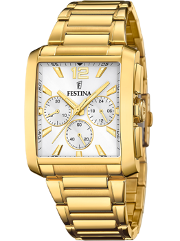 Festina Chronograph ur med rektangulært guldtonet urhus og armbånd, guld detaljer på urskiven.