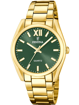 Guldfarvet ur med grøn skive, guldfarvede markører, visere, og "FESTINA" "QUARTZ" tekst.