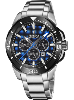 Festina herreur med blå urskive, kronografer, datovisning kl. 4 og vandtæthed 10 BAR.