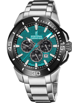 Turquoise urskive med tre subskiver, sølv metalarmbånd, datovindue, Festina Chrono Bike design.
