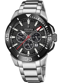 Festina herreur med sort urskive, sub-dials, rød sekundviser, datovisning, og metalrem.