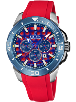Festina ur med blå urskive, røde detaljer, rød rem, tre små skiver og datoindikator.