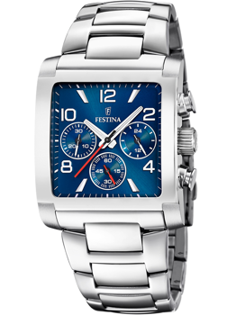 Festina F20652/1 Chronograph, blå urskive, kvadratisk kasse, 3 subskiver, metal armbånd.