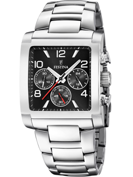 Festina ur med firkantet sort urskive, hvide tal, tre sub-dials og metalrem.