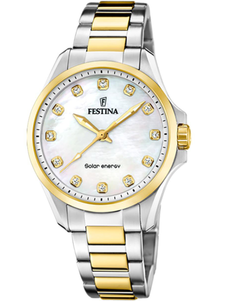 Festina dameur med perlemorsskive, stensatte markører og tofarvet guld-sølv urrem. "Solar energy".