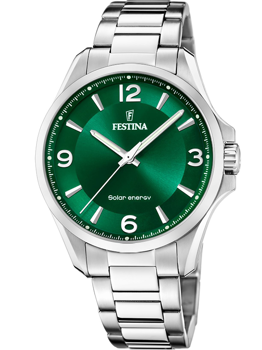 Festina ur med grøn urskive, sølv visere, "Solar energy" tekst, og metalarmbånd.