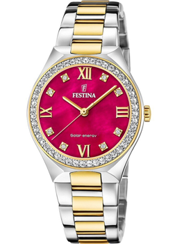 Festina ur med rød urskive, romertal, stendekoreret bezel og tofarvet sølv-guld rem.