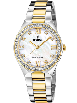 Festina dameur med perlemorsskive, romertal, krystalbezel og tofarvet lænke.