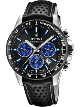 Sort ur med blå subdials, tachymeter, og "10 bar resist". Festina logo og dato vises.