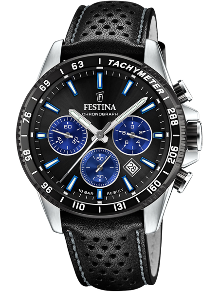 Sort ur med blå subdials, tachymeter, og "10 bar resist". Festina logo og dato vises.