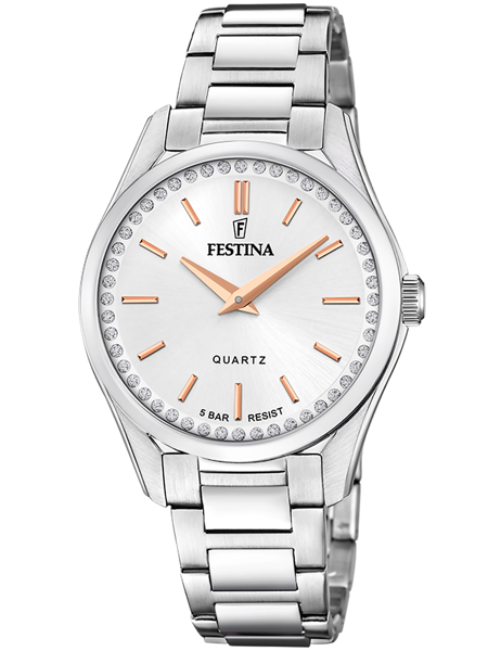 Ur med metallisk armbånd, rund urskive, sten, kontrastfarvede visere og "QUARTZ" tekst.