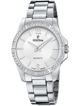 Festina dameur med metalrem, krystaller på rammen, store 12 og 6 tal, quartz, vandtæt 5 ATM.