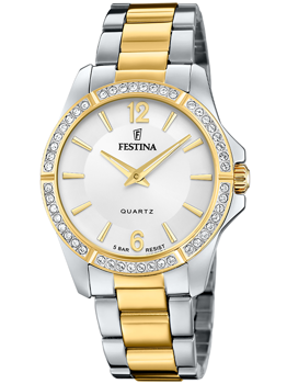 Festina ur med tofarvet rem, krans med krystaller, urskive med "5 BAR RESIST" tekst.