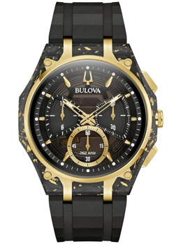 Sort/guld Bulova 98A328 herreur med chronograph, sub-dials og guldpletter.