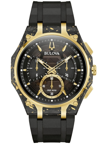 Sort/guld Bulova 98A328 herreur med chronograph, sub-dials og guldpletter.