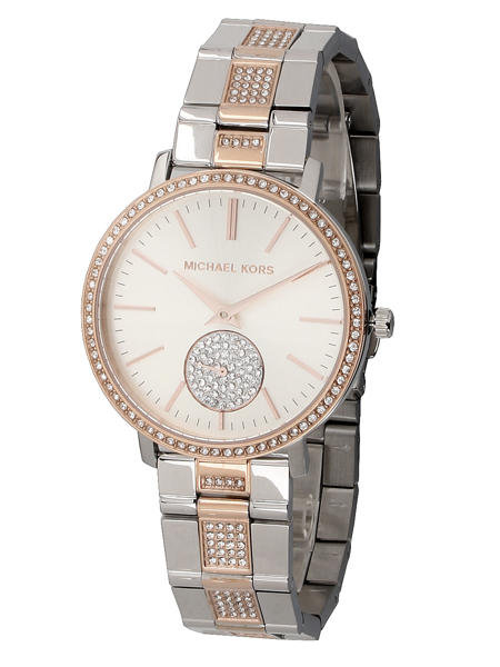 Michael Kors ur med skinnende sten på bezel og armbånd, tynde visere og timeindikatorer.