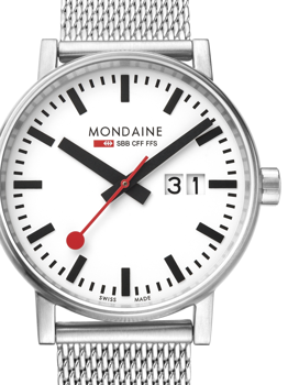 Hvid urskive, sort time- og minutviser, rød sekundviser, datovisning kl. 3, mesh armbånd.