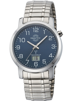 Armbåndsur med metallisk rem, rund urskive, arabertal, digital dato ved 6, "Master Time" tekst.