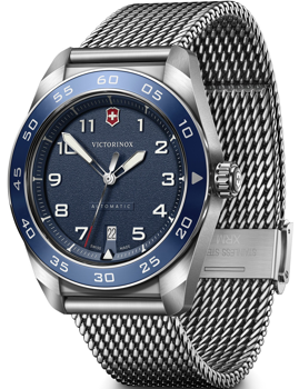 Blå urskive med Victorinox logo, automatisk urværk, mesh-rem, sølvfarvet urkasse.