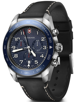Herreur fra Victorinox med mørk skive, tachymeter på bezel, kronograf og antimagnetisk funktion.