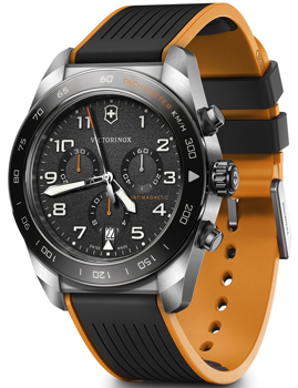 Victorinox herreur med tachymeter, kronograf og sort/orange rem.