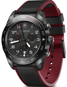 Victorinox ur med chronograph, tachymeter på bezel og sort-rød tofarvet rem.
