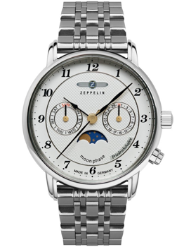 Zeppelin ur med hvid skive, sølv armbånd, månefase, ugedags- og datovisere, "Made in Germany".