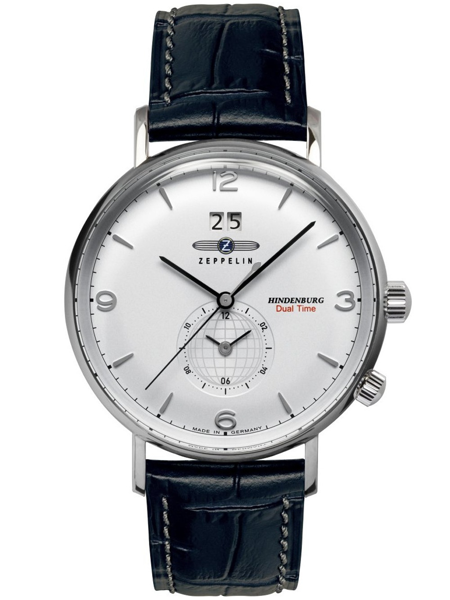 Rund urskive med subdial, datovisning, tekst "Hindenburg Dual Time", mørk læderrem med sømme.